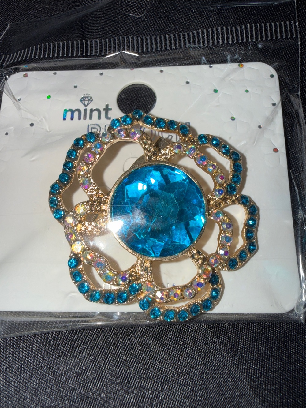 Mint Gold-Tone Floral Brooch with Bright Blue and Teal Crystals